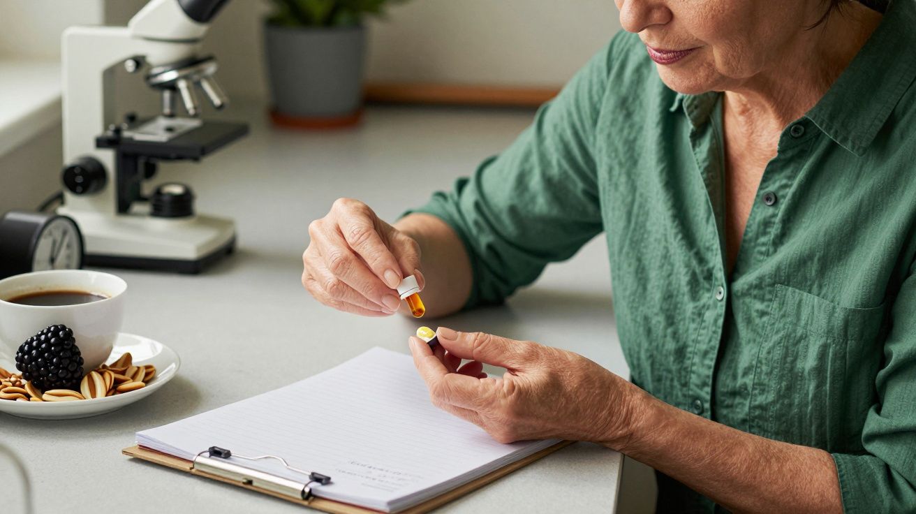 Mulher prepara cápsulas de medicamento numa bancada com caderno, microscópio e chávenas de chá e biscoitos ao lado.