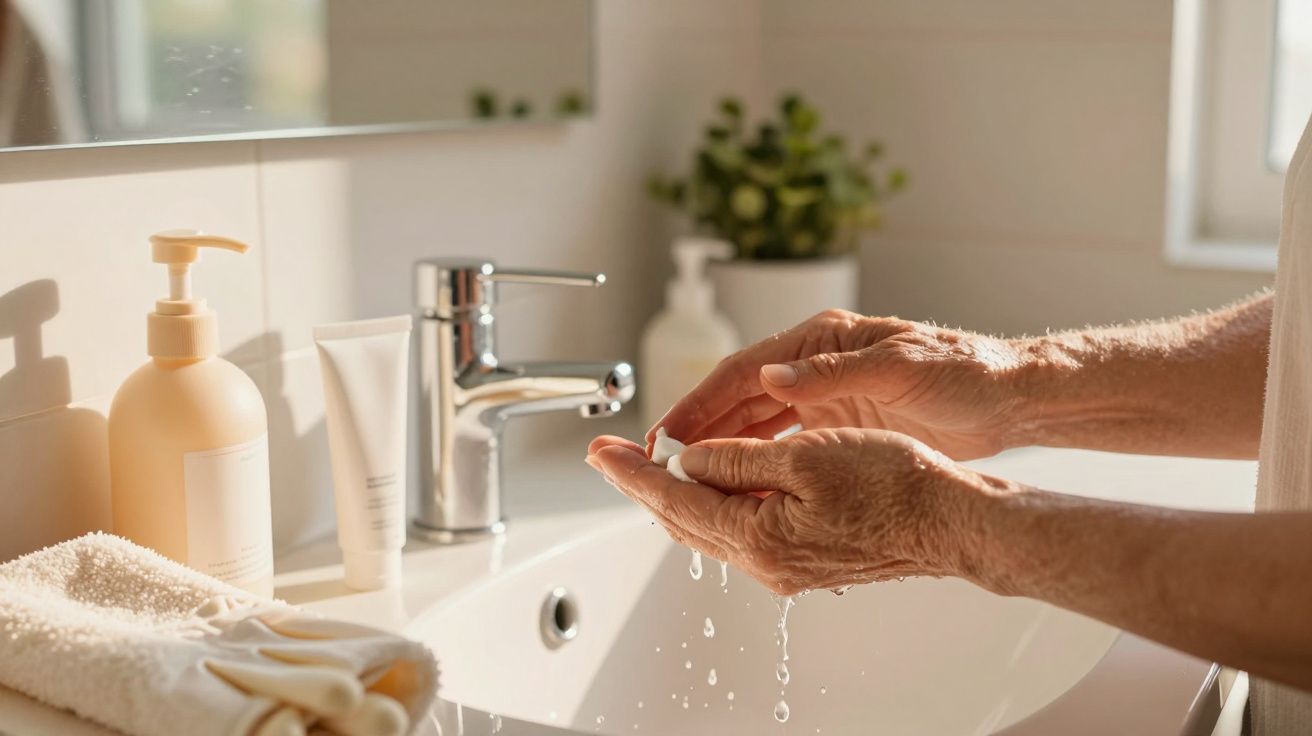 Pessoa a lavar as mãos numa casa de banho iluminada pelo sol, com toalha e dispensador de sabão ao lado.