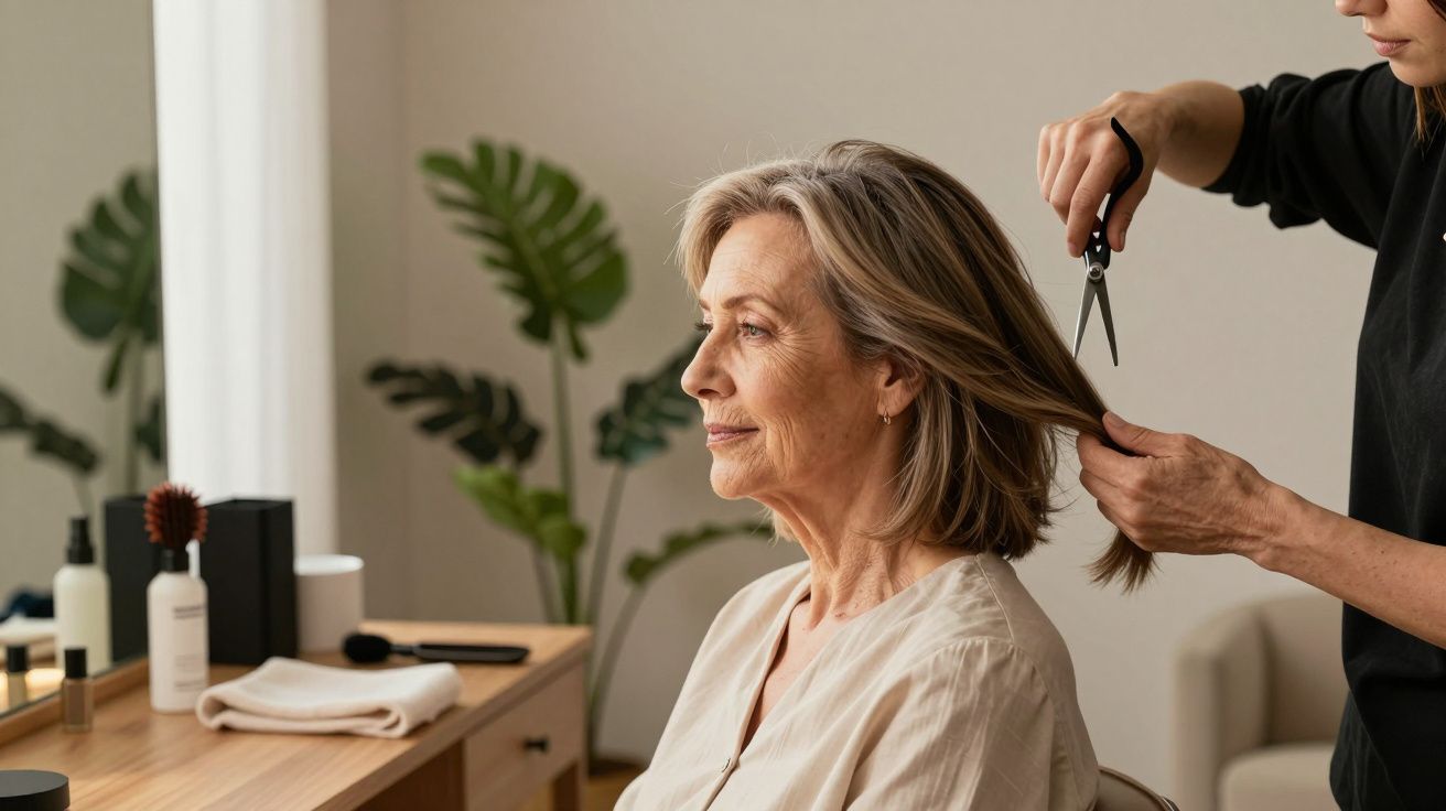 Mulher de cabelo grisalho a ser penteada num salão, próxima a uma mesa com produtos de beleza.