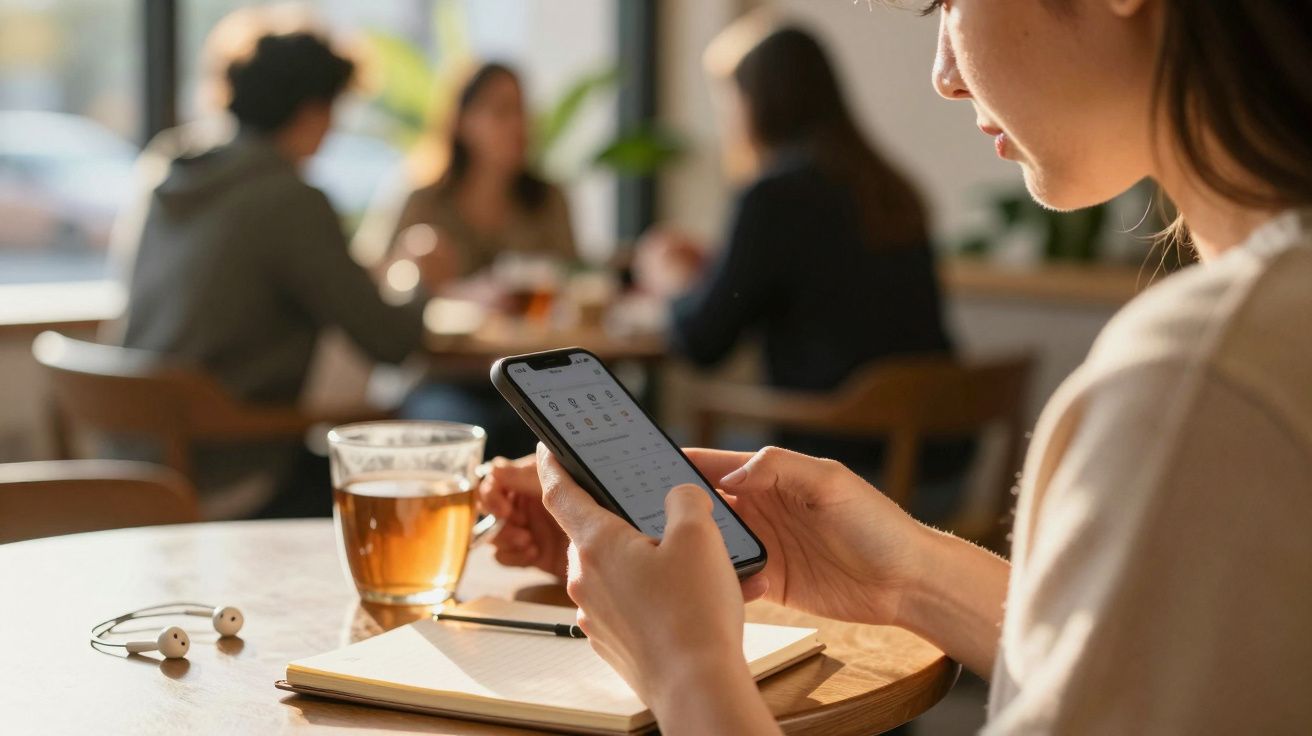 Mulher segura smartphone num café, com bebida, caderno, e auscultadores na mesa. Pessoas conversam ao fundo.