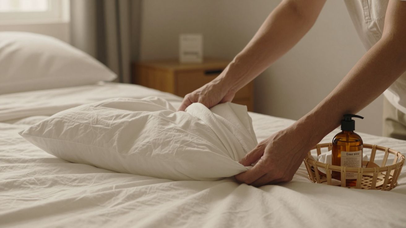 Mãos arrumando uma almofada branca sobre a cama, com uma garrafa de sabonete em cima de uma cesta ao lado.