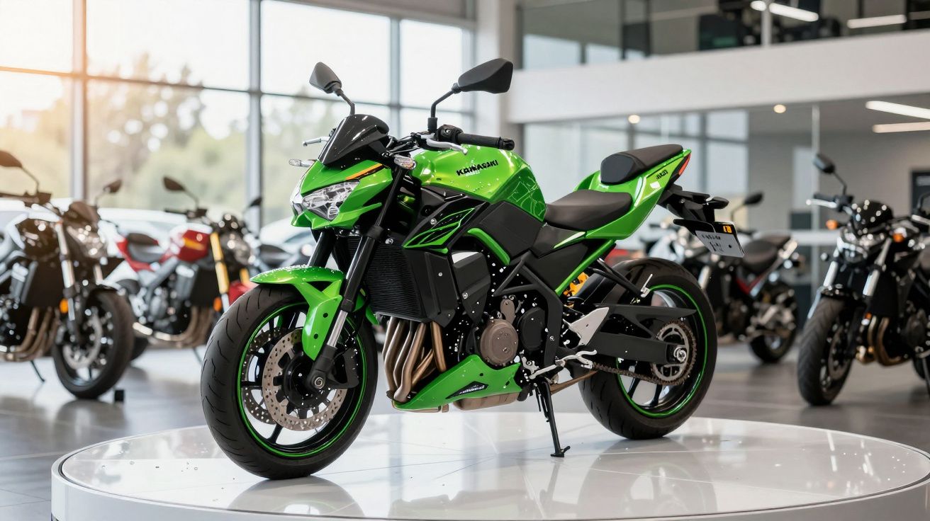 Motocicleta verde esportiva da Kawasaki em exibição num showroom, com outras motos ao fundo.