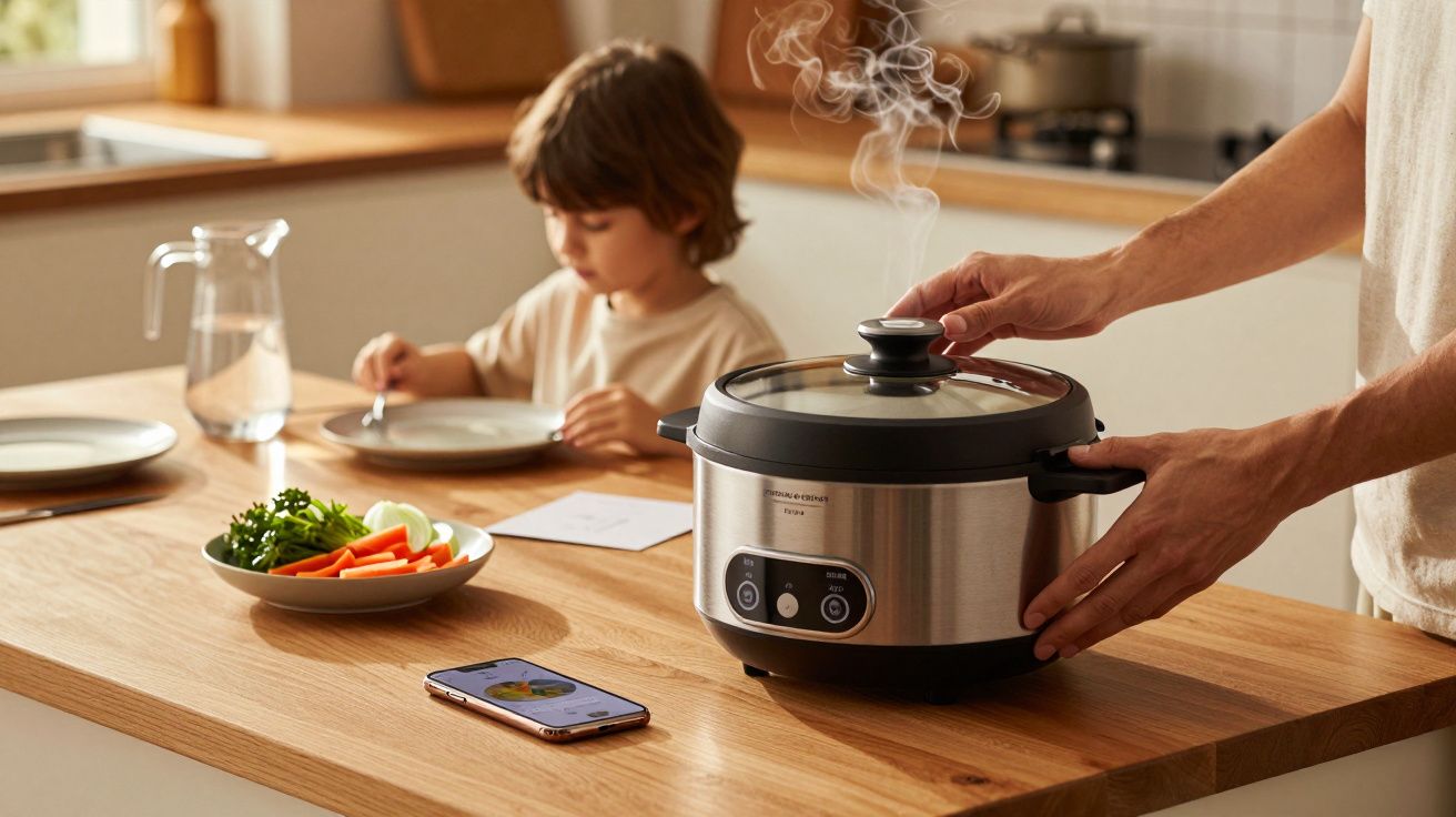 Panela elétrica a cozinhar na bancada de cozinha com uma criança ao fundo.