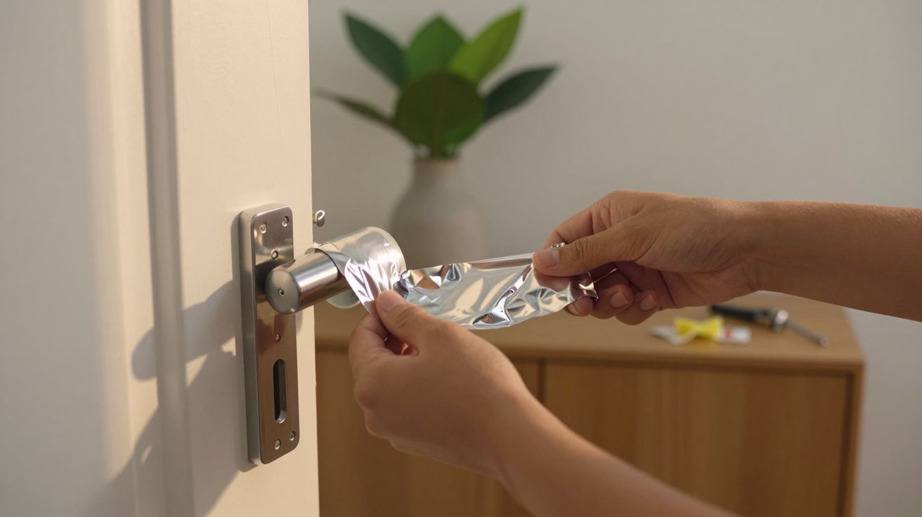 Pessoa a envolver maçaneta de porta com papel de alumínio. Móvel e planta desfocados ao fundo.
