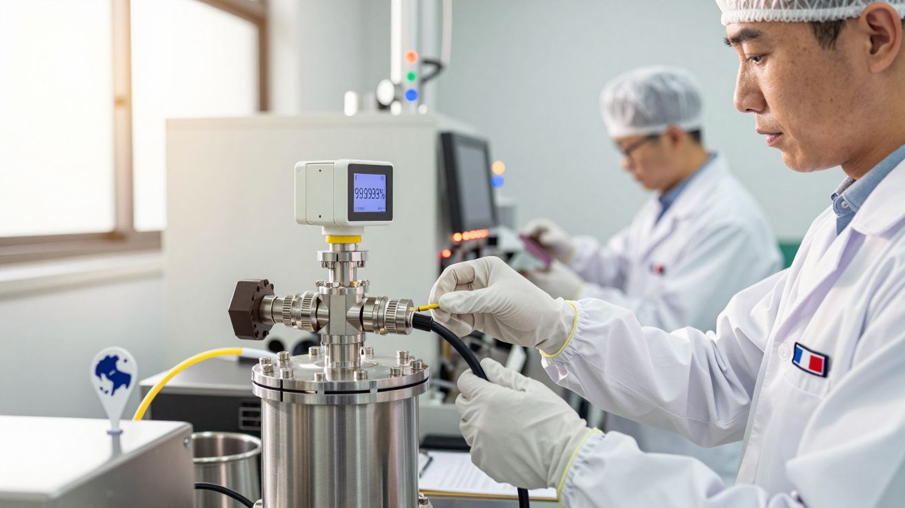 Cientista em laboratório usando equipamento de medição, com outro cientista ao fundo atento a um computador.