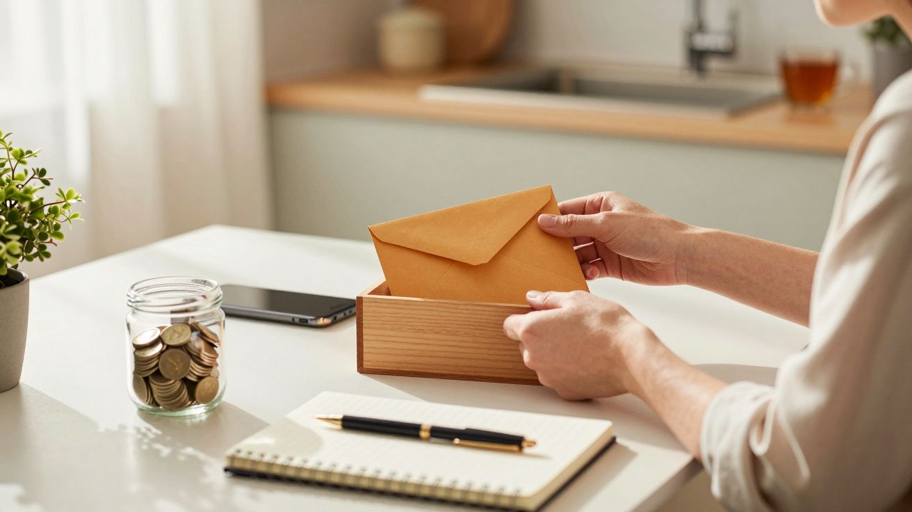 Pessoa organiza envelopes numa caixa de madeira numa cozinha, com moedas num frasco, telemóvel e caderno na mesa.