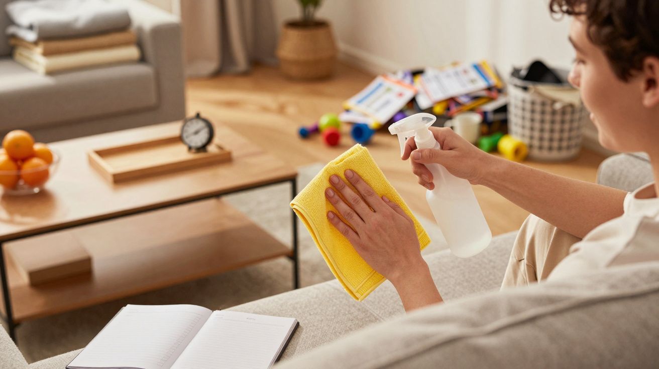 Pessoa a limpar uma mesa de madeira com pano amarelo e spray, enquanto está sentada num sofá com um caderno aberto ao lado.
