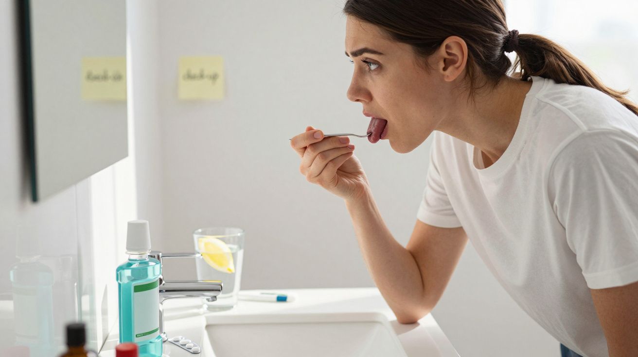 Mulher em t-shirt branca a limpar a língua em frente ao lavatório com raspador de língua.