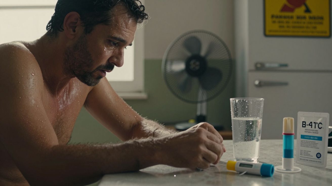 Homem molhado sentado à mesa, concentrado em objetos científicos. Ventoinha e frigorífico ao fundo.