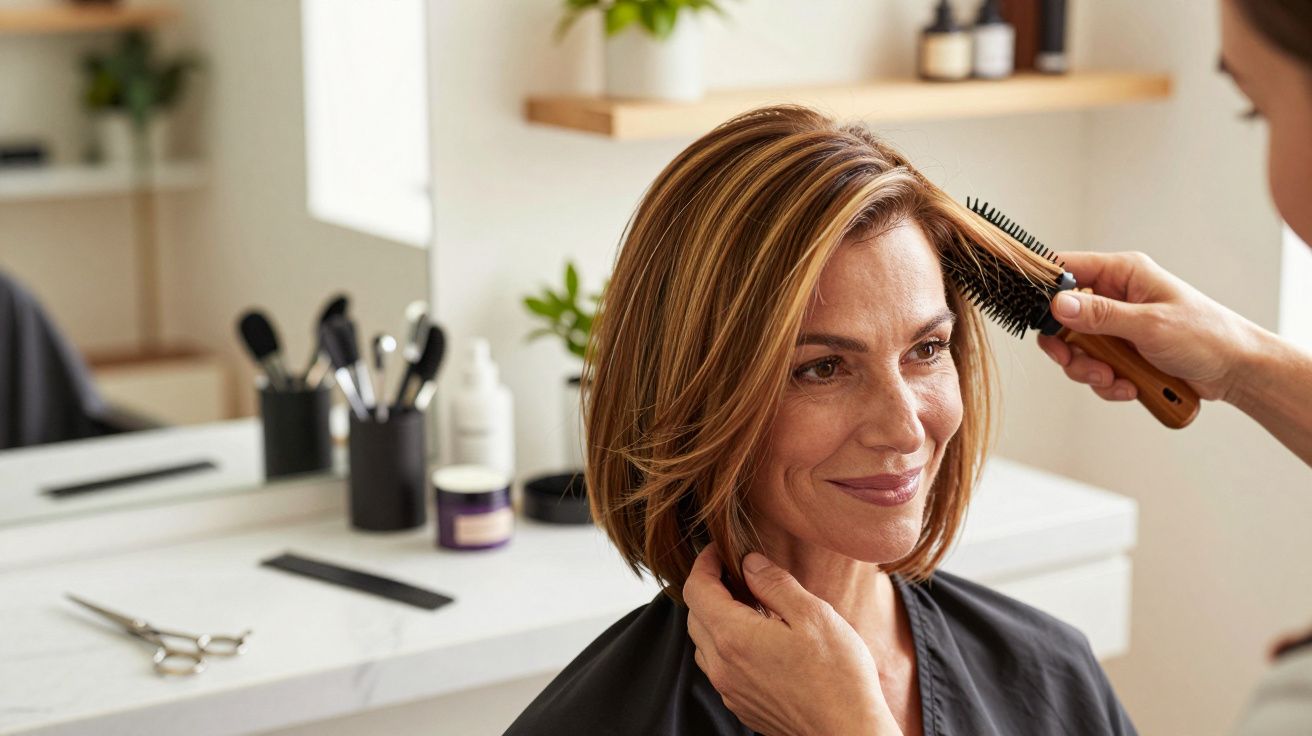 Mulher sorrindo enquanto cabeleireiro escova seu cabelo curto num salão moderno.