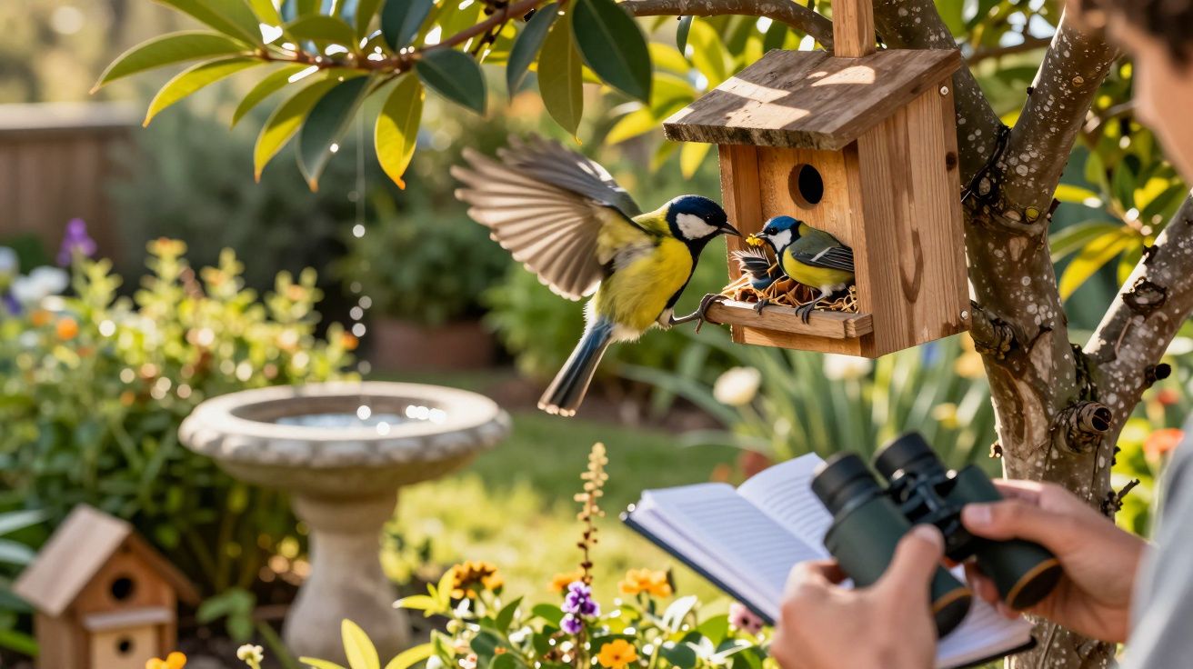 Pessoa observa aves num ninho de madeira no jardim com binóculos e caderno. Há flores e bebedouro ao fundo.