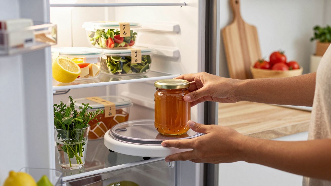 Pessoa a colocar frasco de vidro com tampa dourada num frigorífico, ao lado de recipientes com alimentos.