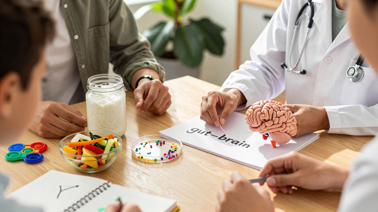 Médico explica conexão intestino-cérebro usando modelo cerebral em reunião, com vegetais e anotações na mesa.