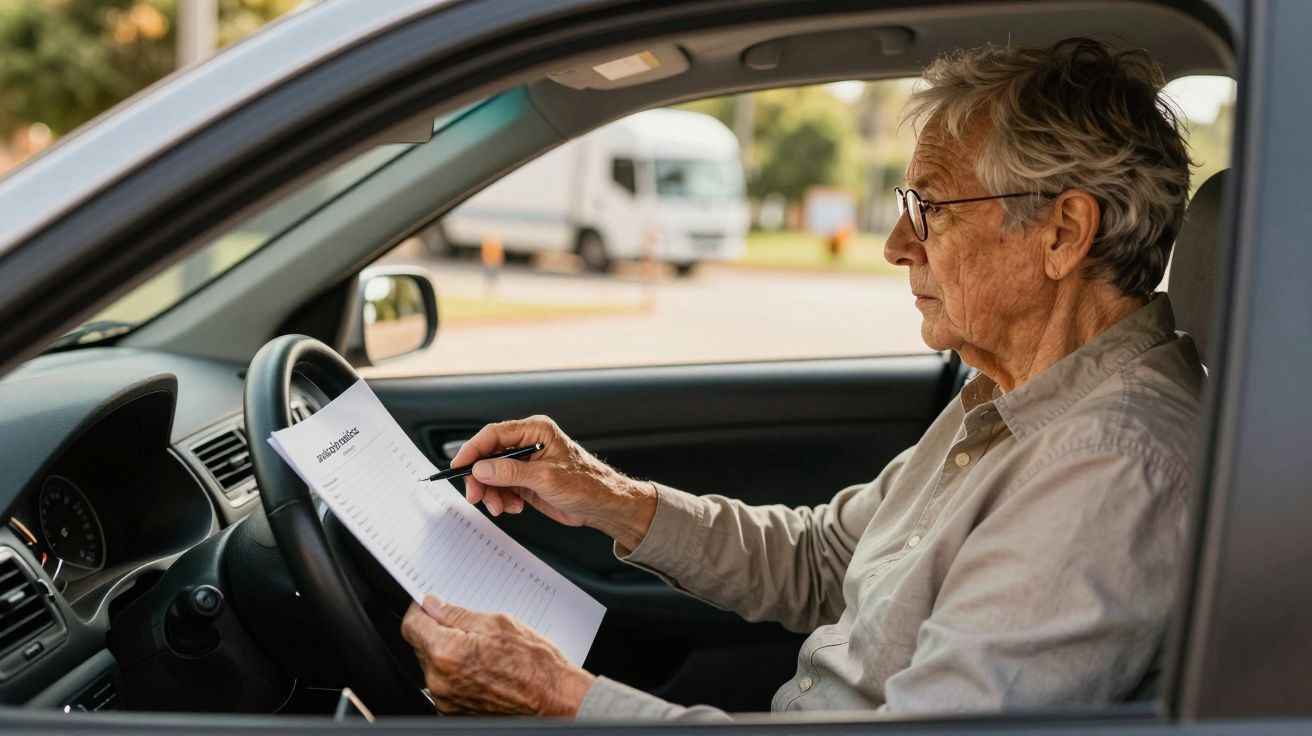 Homem idoso de óculos, sentado num carro, preenchendo documentos com uma caneta.