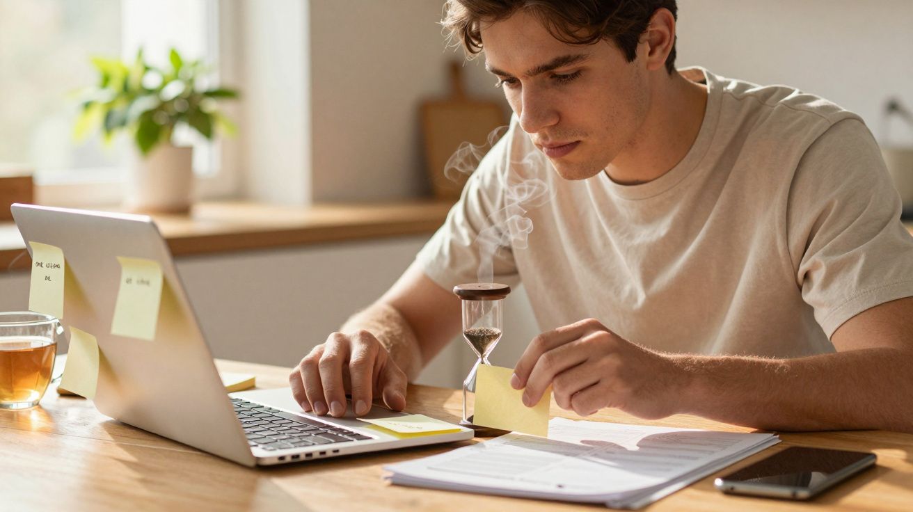 Homem escreve em notas adesivas no portátil com ampulheta e chá na mesa, em ambiente de trabalho em casa.