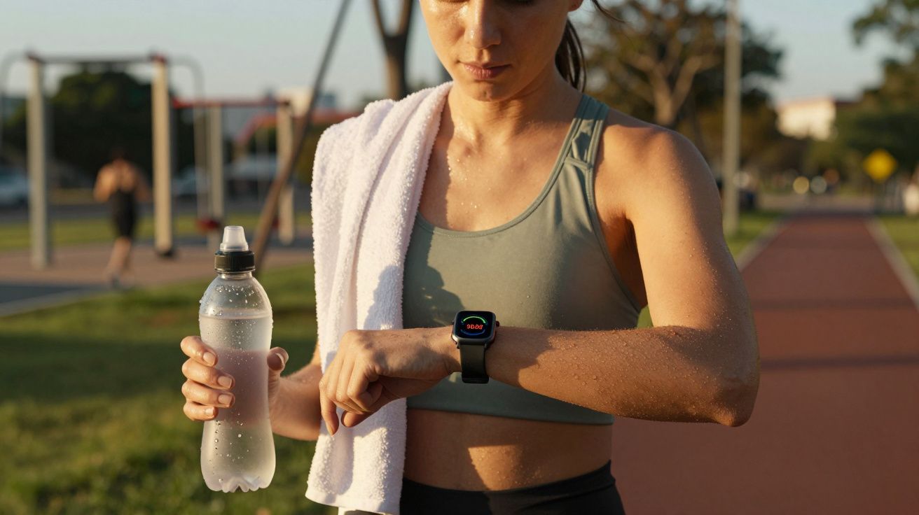 Mulher de top desportivo verifica smartwatch enquanto segura garrafa de água e toalha no ombro, ao ar livre.