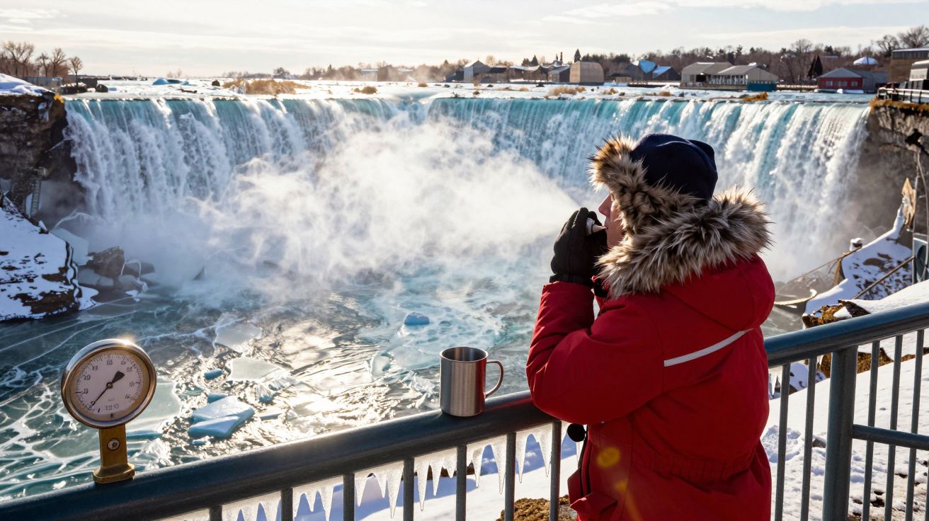 Pessoa vestida de casaco vermelho observa as Cataratas do Niágara congeladas, segurando uma bebida quente.