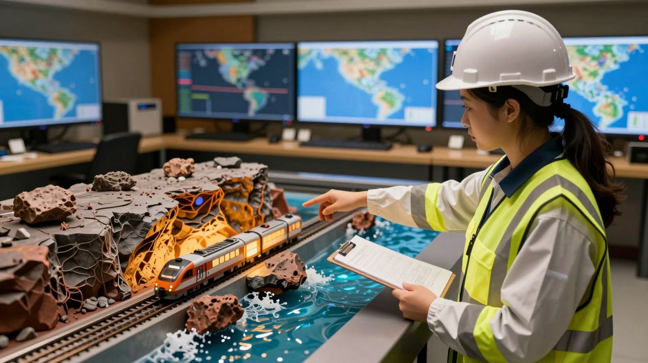 Engenheira com capacete e colete examina modelo de comboio em miniatura com monitores de mapas ao fundo.
