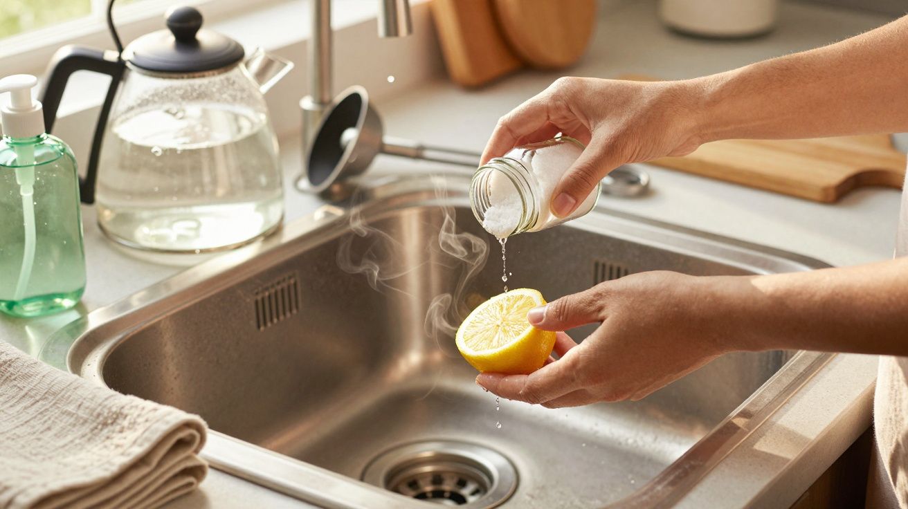 Mãos vertem sal sobre meio limão no lava-loiça; jarra e sabonete visíveis ao lado.