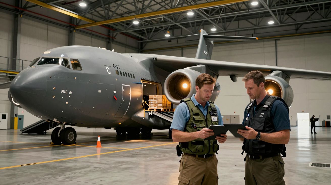 Dois homens em coletes falando em frente a um grande avião cinza num hangar.