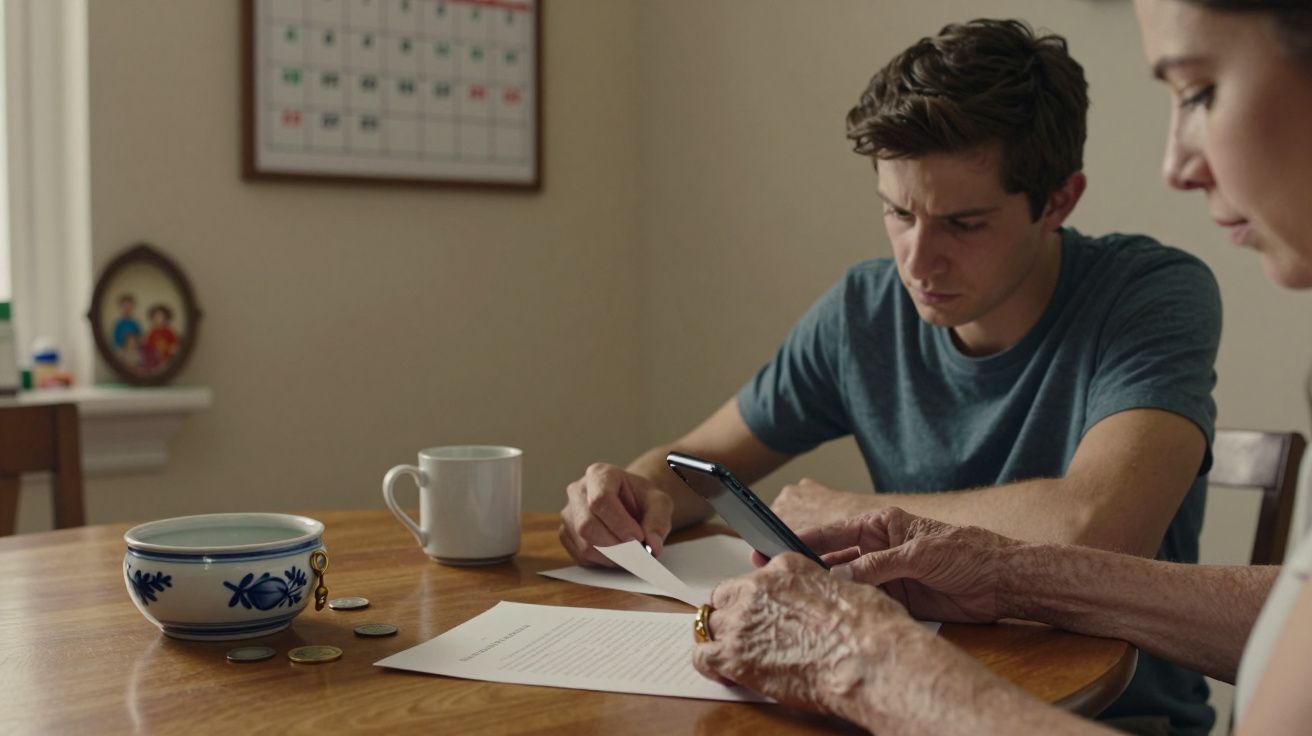 Homem jovem e mulher a lidar com papelada à mesa. Moedas, documentos e chávena de café estão próximos. Calendário na parede.