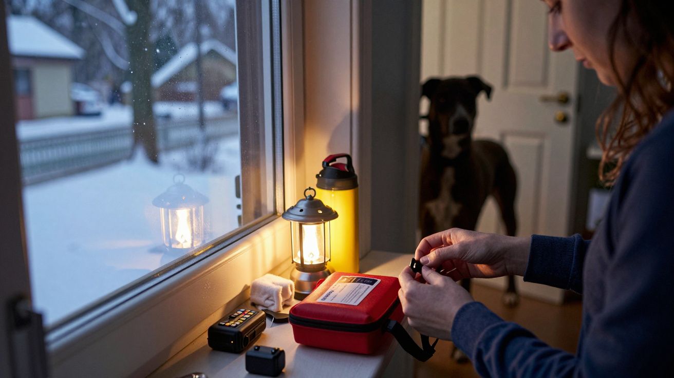 Pessoa organiza kit de primeiros socorros junto a lanterna, enquanto cachorro observa. Cena ao lado de janela com neve.