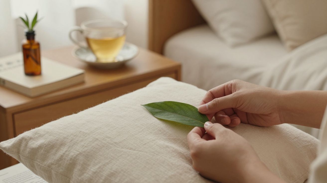 Mãos seguram uma folha sobre uma almofada branca, com chá e livro em mesa ao fundo, em ambiente aconchegante.