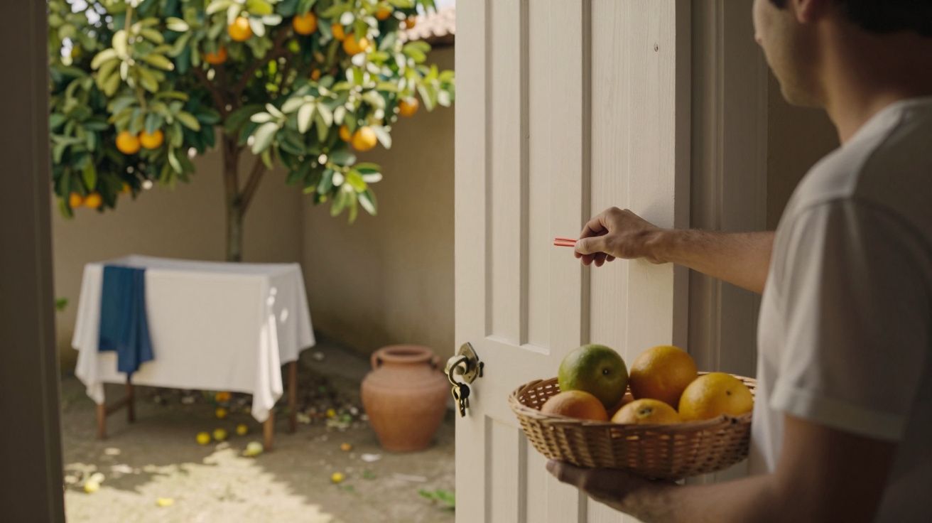 Homem com cesta de frutas na mão, olhando para um jardim com laranjeiras e mesa com toalha branca.