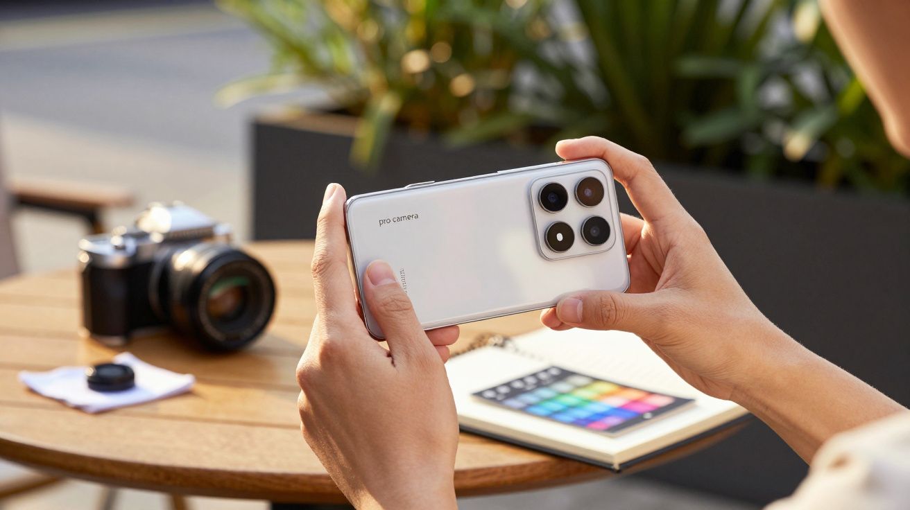 Pessoa segurando um smartphone branco com quatro câmaras, ao ar livre, com uma câmara fotográfica e caderno ao fundo.