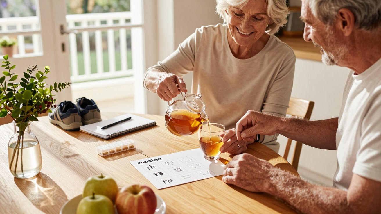 Casal idoso sentado à mesa de madeira, a servir chá com maçãs e flores ao redor.