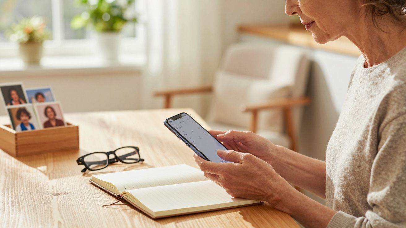 Mulher usando smartphone numa mesa com caderno, óculos e fotos de família ao fundo.