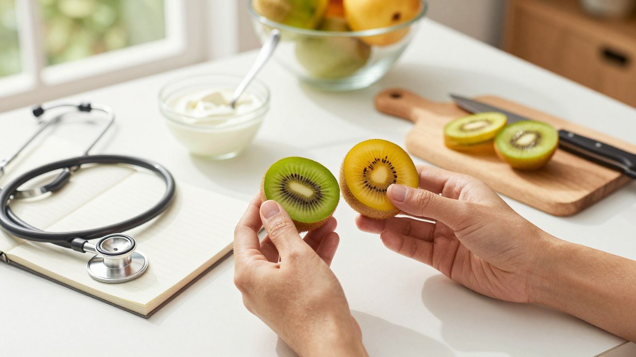 Mãos seguram kiwis cortados ao meio, com estetoscópio e caderno ao fundo numa mesa de cozinha.