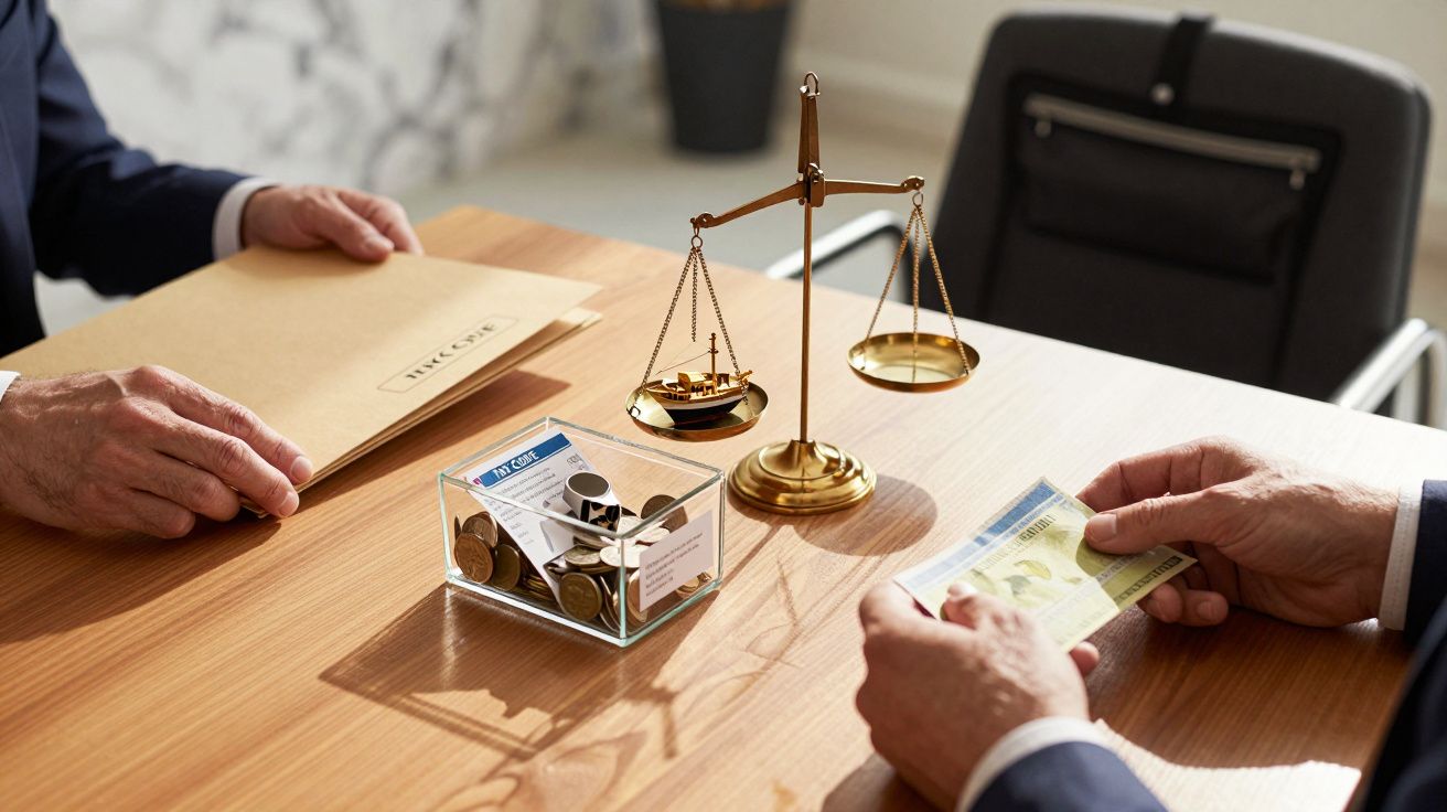 Duas pessoas em mesa com balança, pasta de documentos e caixa de moedas.