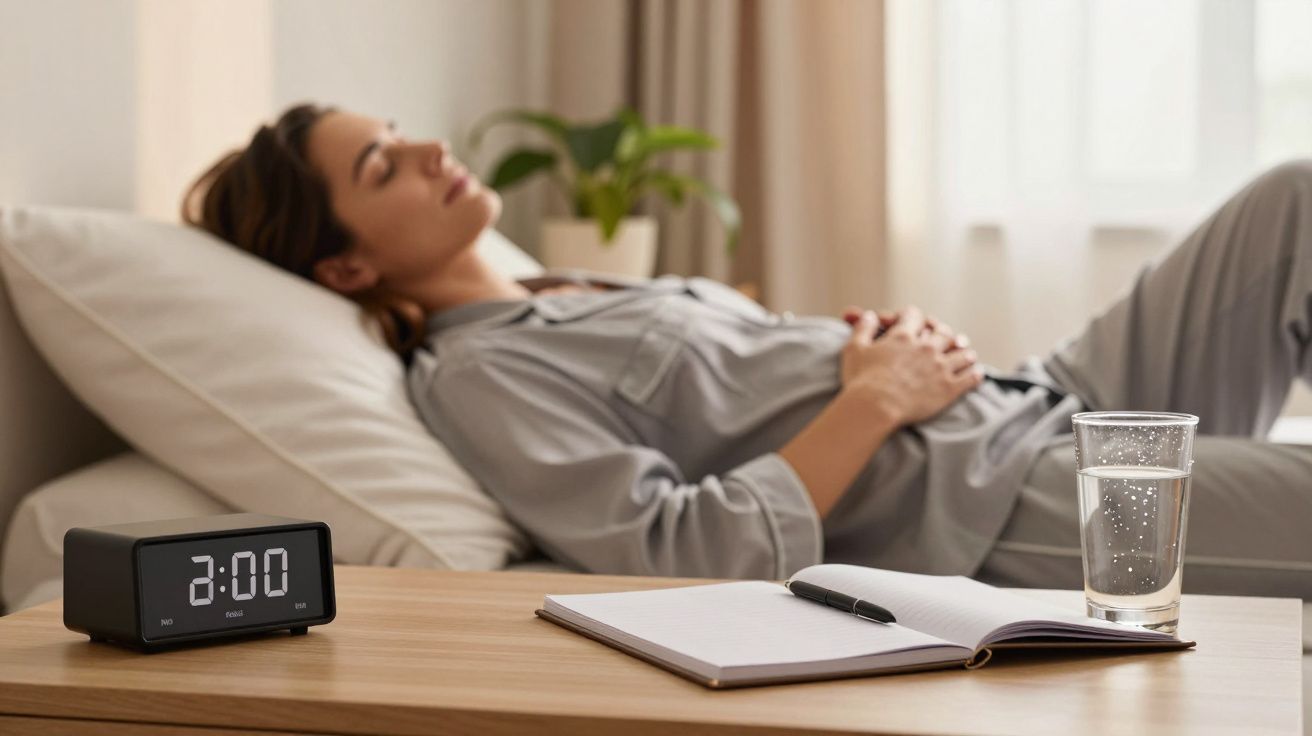 Mulher de pijama descansa na cama ao lado de mesa com despertador, caderno e copo de água.