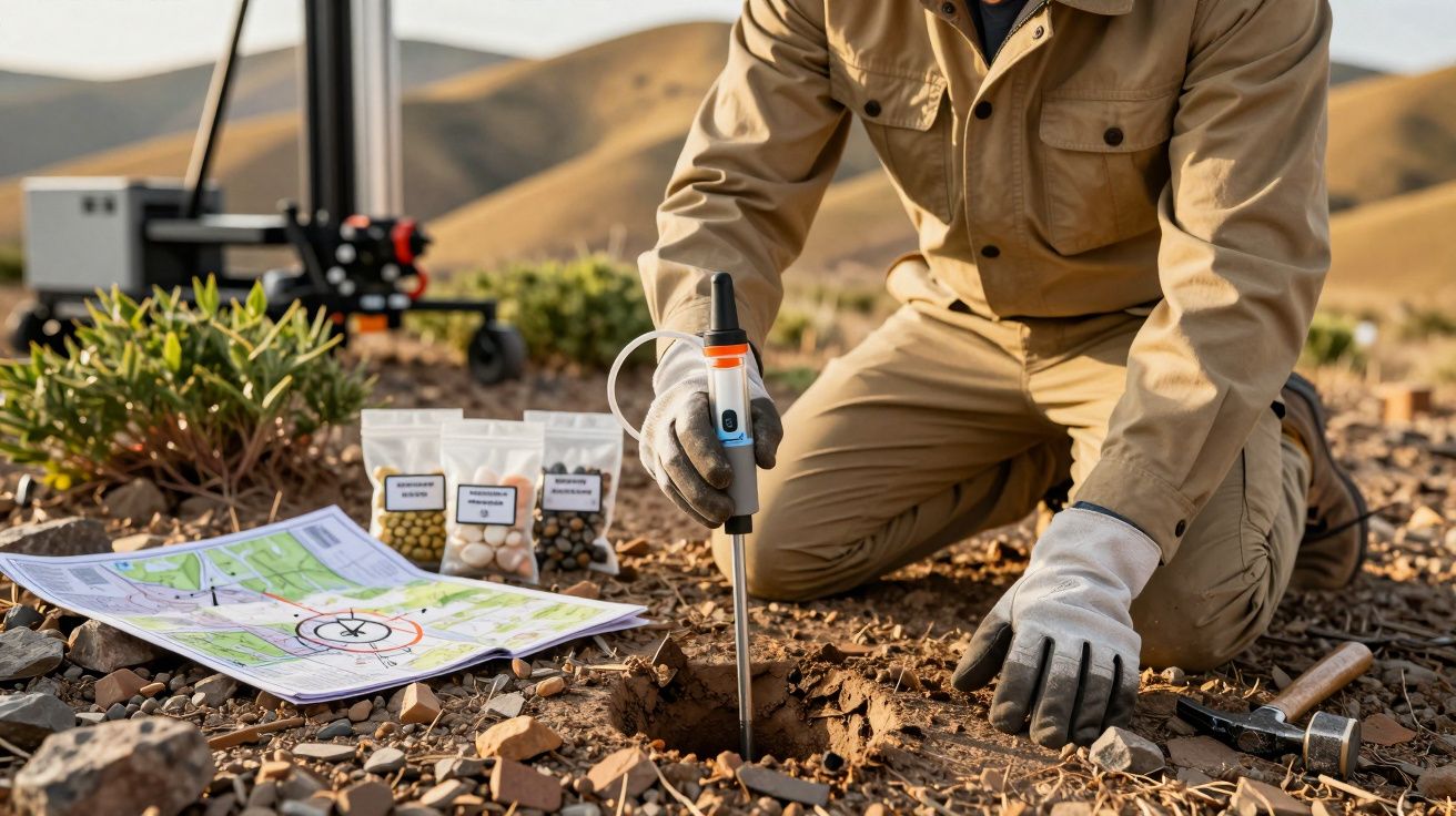Pessoa de joelhos analisando solo com equipamento, mapa e amostras de pedras numa área rural.