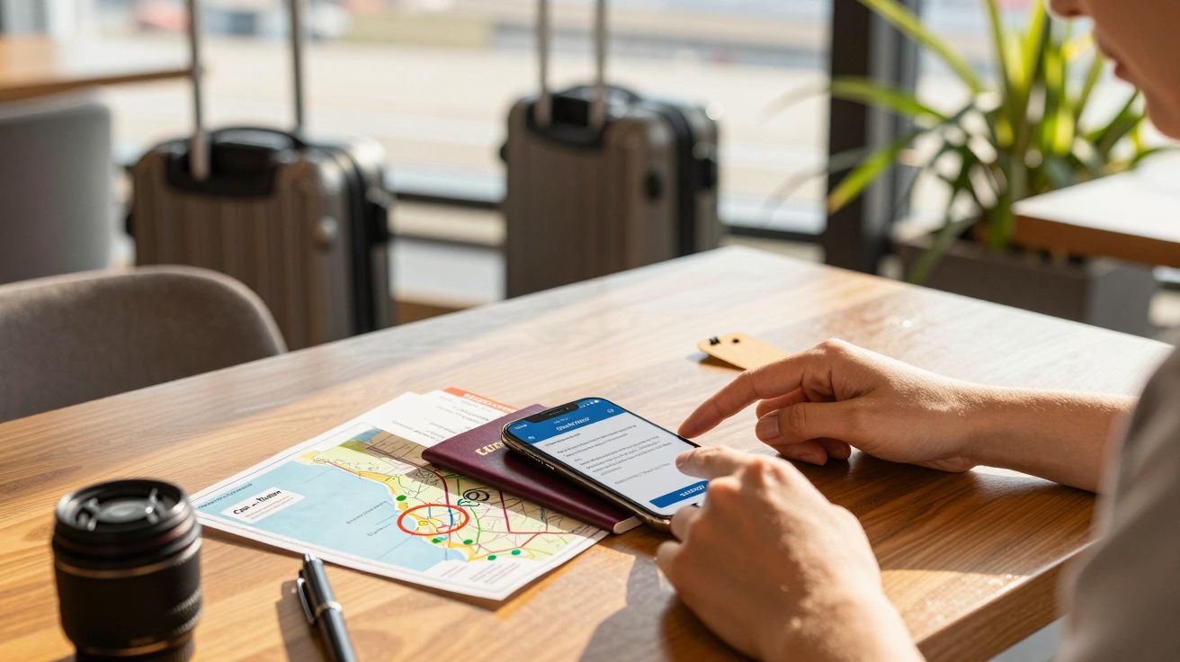 Pessoa a usar smartphone numa mesa com mapa, passaporte e câmara. Bagagens no fundo ao lado de plantas.