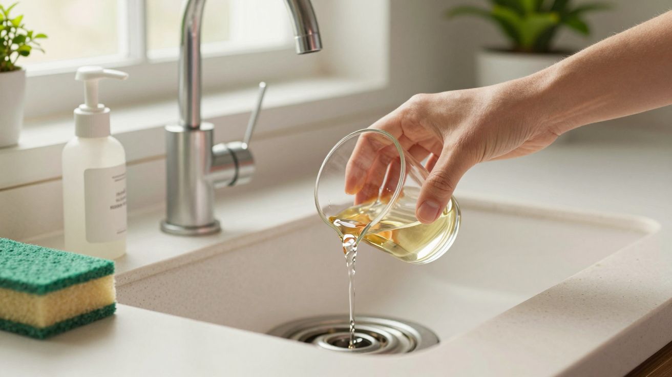 Mão despejando óleo num lava-loiça de inox, com esponjas e frasco de sabão ao lado, num ambiente de cozinha.