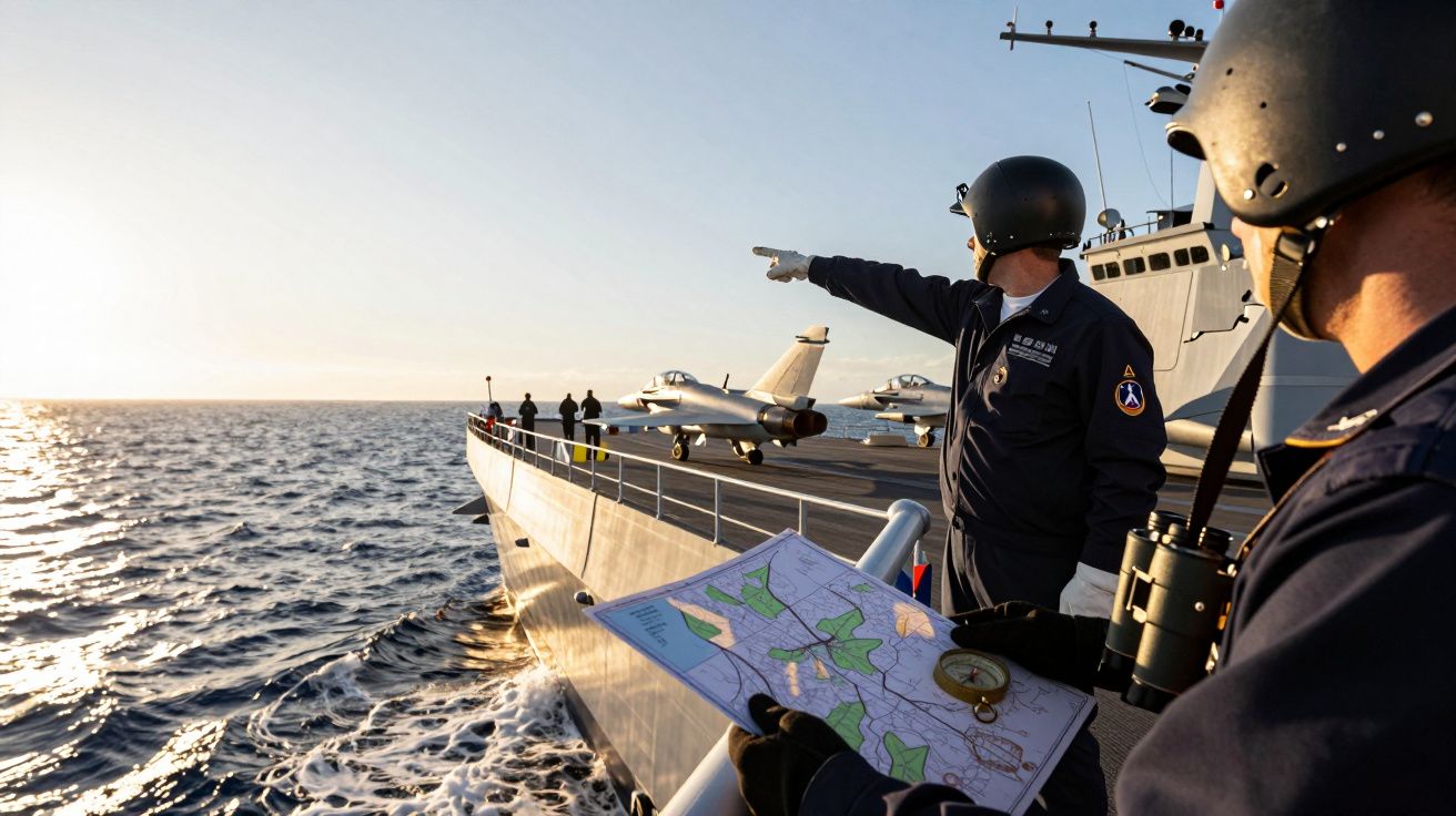 Dois marinheiros no convés de um porta-aviões com aviões, um aponta para o horizonte e outro segura um mapa.