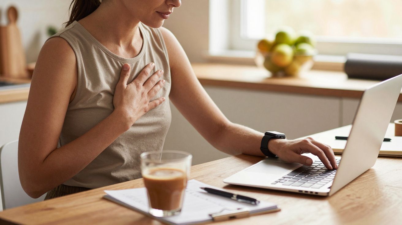 Mulher sentada à mesa, mão no peito, a usar um portátil com um café à frente.