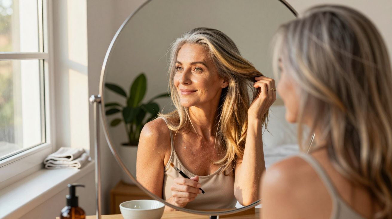 Mulher madura penteia o cabelo diante de um espelho redondo. A luz natural ilumina o quarto com plantas ao fundo.