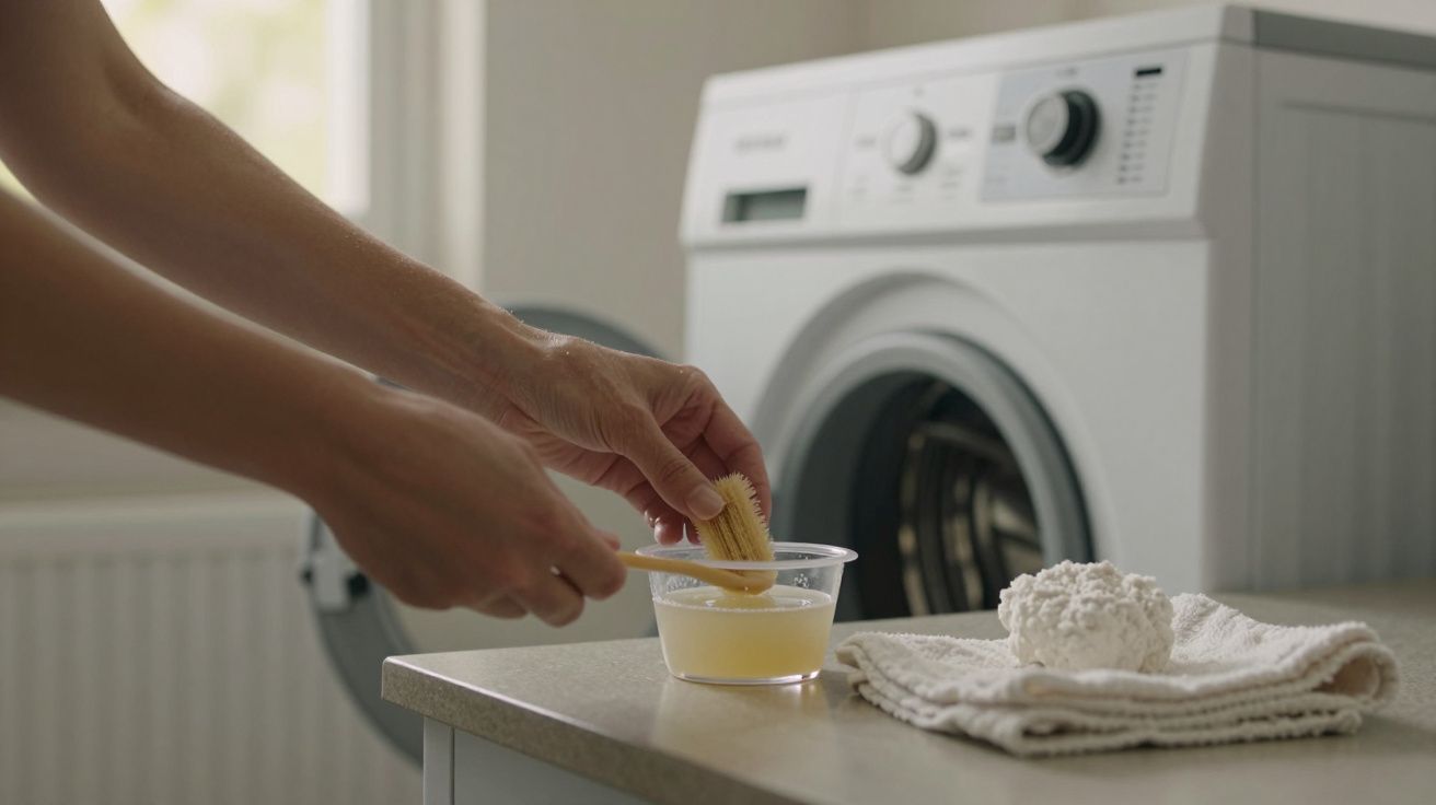 Mão a segurar escova mergulhada em líquido, ao lado de máquina de lavar roupa e toalha com bola de lã.