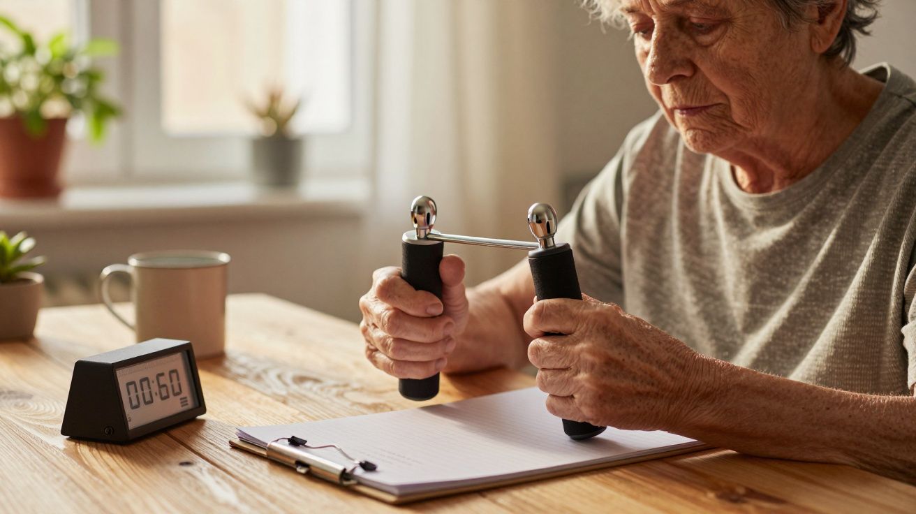 Idoso usando exercício manual numa mesa com caderno e temporizador.
