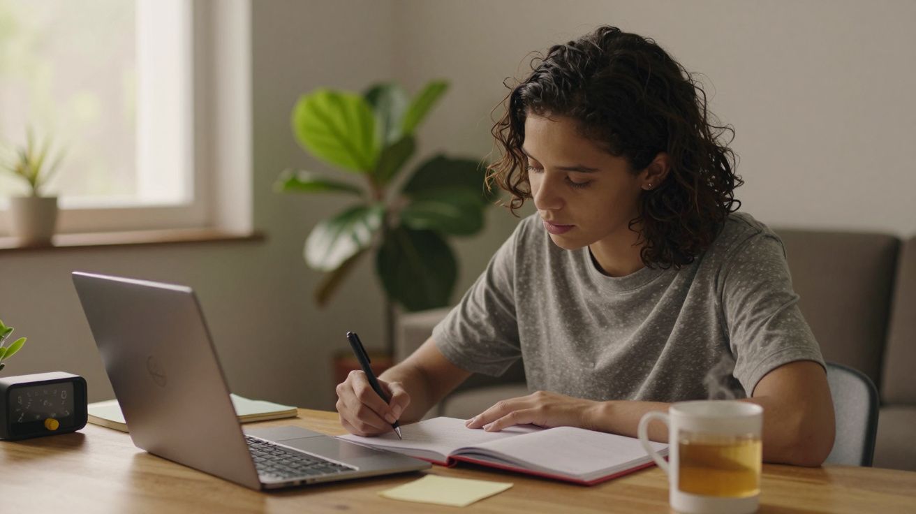Pessoa escrevendo num caderno em frente a um laptop, com uma bebida e planta ao fundo.