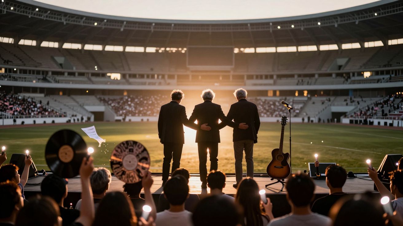 Três homens de costas num palco de estádio, ao pôr do sol, com uma guitarra ao lado, espectadores aplaudindo.