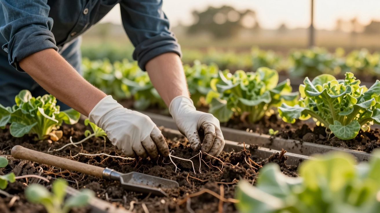 Pessoa com luvas brancas a plantar num campo agrícola, com uma espátula no solo ao lado.