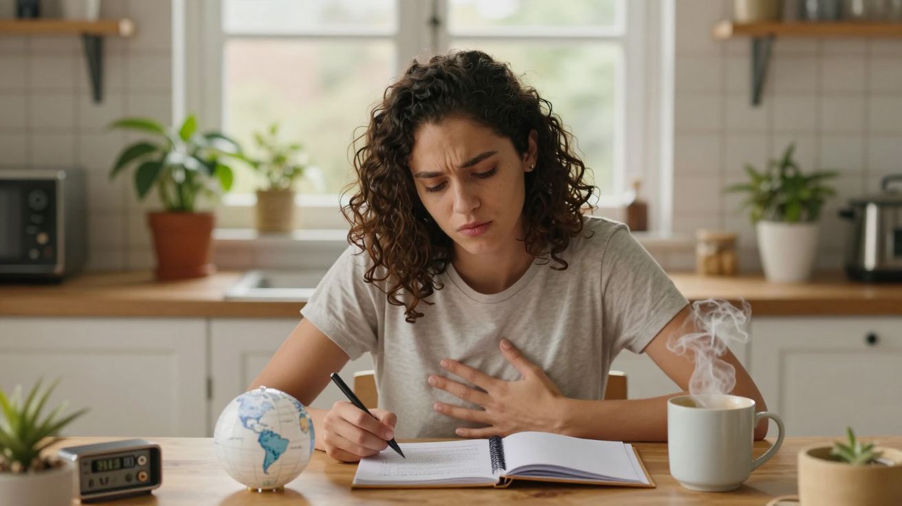 Mulher sentada à mesa, escrevendo num caderno com expressão preocupada, mão no peito, caneca de chá e um globo ao lado.