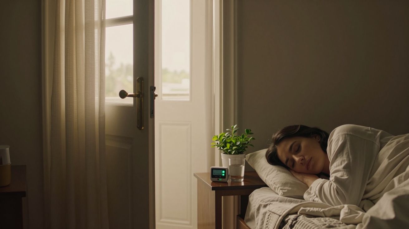 Mulher a dormir numa cama ao lado de uma mesa de cabeceira com planta e relógio digital, janela semi-aberta ao fundo.