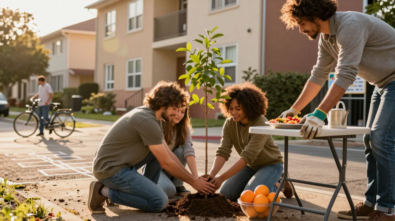 Grupo de pessoas a plantar uma árvore junto a um edifício, com uma bicicleta ao fundo e mesa com frutas ao lado.