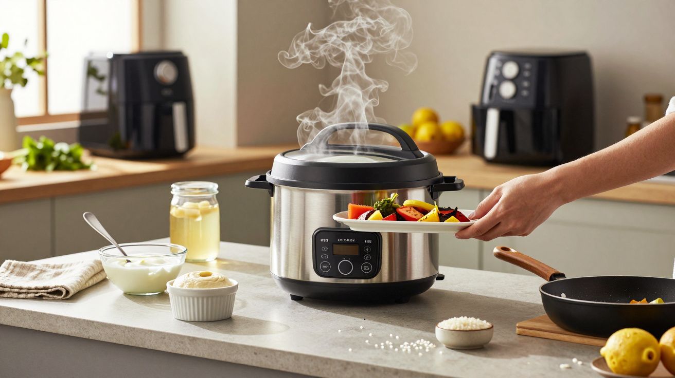 Panelas e ingredientes numa cozinha, uma pessoa acrescenta legumes a uma panela elétrica que solta vapor.