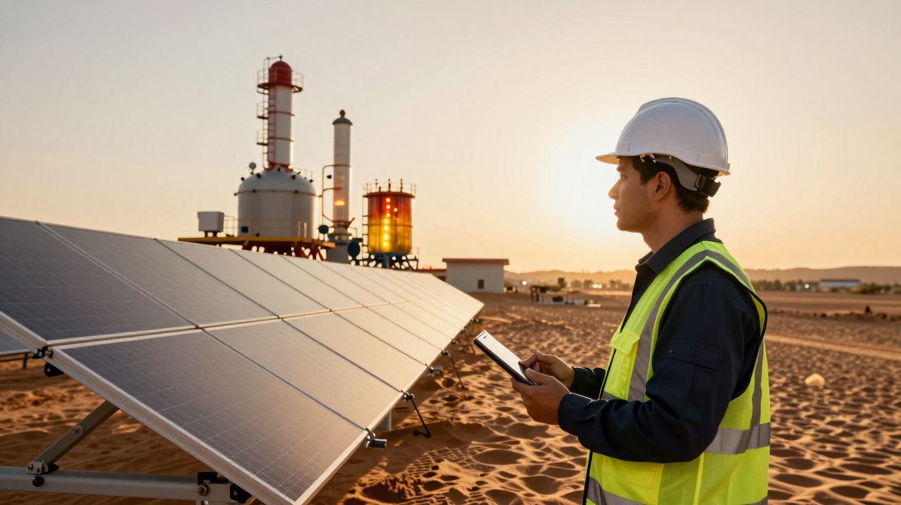 Homem com capacete analisa painéis solares num deserto ao pôr do sol, segurando um tablet.